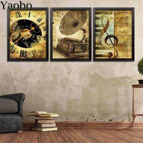 Full Square Drill DIY 3 Pieces retro music instruments 5d Diamond Embroidery Sale 3D Pictures Mosaic Bedside Background Decor