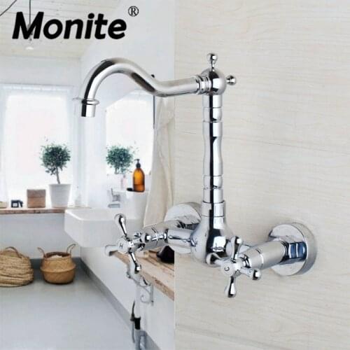 Monite 360 Swivel Wall Mounted Chrome Brass Bathroom Basin Faucet Vanity Sink Mixer Tap 2 Handles 2 Holes Water Basin Mixer Tap