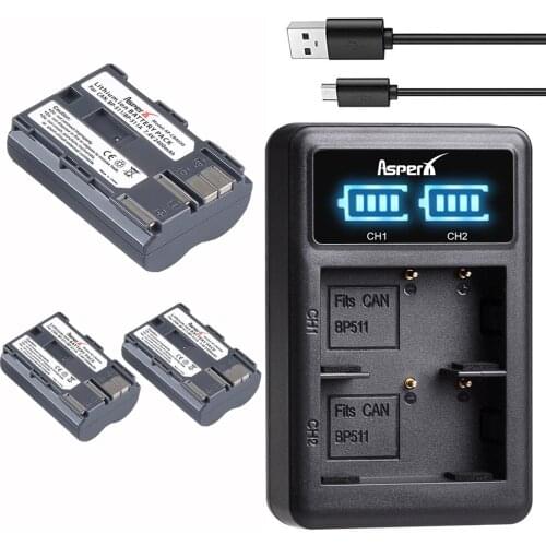 3Pcs BP 511 511A BP-511 BP-511A Battery Bateria + LED Dual Charger for Canon EOS 300D 50D 40D 30D 20D 5D G6 G5 G3 G2 G1 MV300i