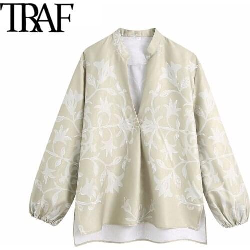 TRAF Women Fashion Totem Print Loose Asymmetric Linen Blouses Vintage Long Sleeve Side Vents Female Shirts Chic Tops