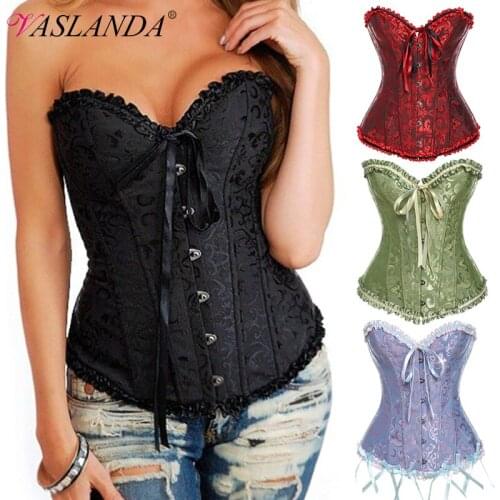 Bustiers & Corsets Floral Satin Corset Top Lace Up Boned Overbust Waist Cincher Bustier Plus Size Sexy Brocade Body Shaper