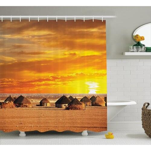 Farm House Decor Shower Curtain African Landscape of a Small Town with Horizon Skyline at Dawn Ethiopian Photo Bathroom Decor