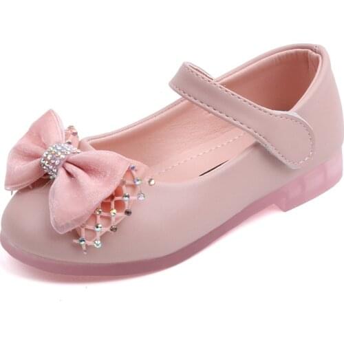 Children Spring Baby Girl Shoes Princesa Fashion Rhinestonebow Kids Low-Heeled Leather Shoes For Little Girls 1 2 3 4 5 6 Years