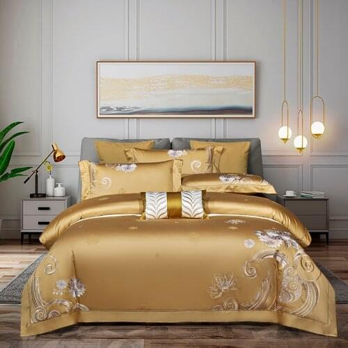 2020 Gold jacquard bedding set King Queen Size embroidery Bed Linen 1000TC Cotton Duvet Cover Bed Sheet Set Pillowcases