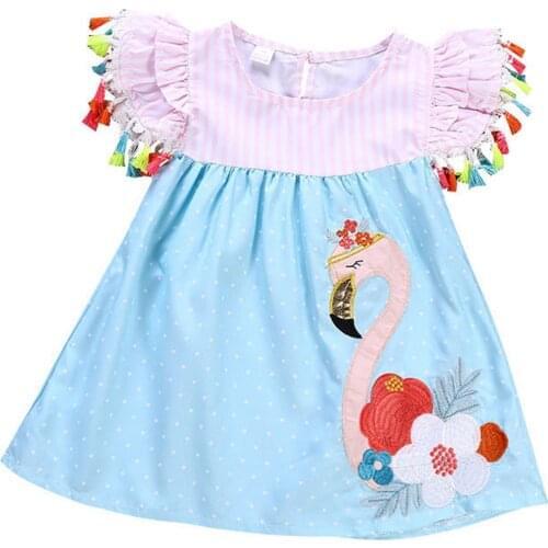 2021 Summer Cute Color Lovely Flamingo Print Princess Dress for Girls Fashion Flying Sleeve Thin Loose Dresses Korean Style