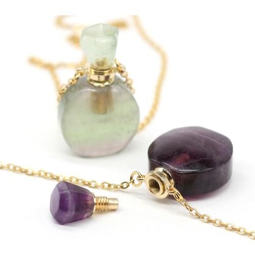 Natural Stone Perfume Bottle Pendant Necklace Amethysts Quartz Essential Oil Vial Charms Necklaces for Women Jewelry Gift