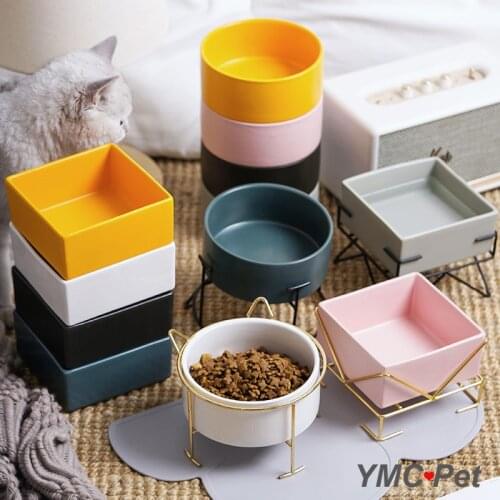 Pink Luxury Ceramics Pet Food Bowl with Golden Stand Cat and Dog Nordic Style Pet Food Water Feeder Raised Cat Bowl Ceramic