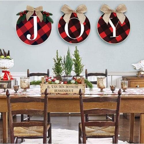 Christmas Wreath Festival Ornament Family Gifts Reusable Burlap Bow Plaid Joy Wooden Round Hoop Christmas Decoration