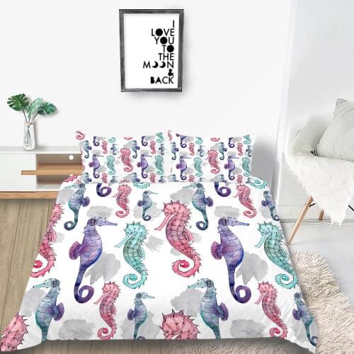 Fish Hippocampus Bedding Set Animal Cartoon Cute Comforter 3D Print Luxury Queen King Single Duvet Cover Set Home Textile Decor