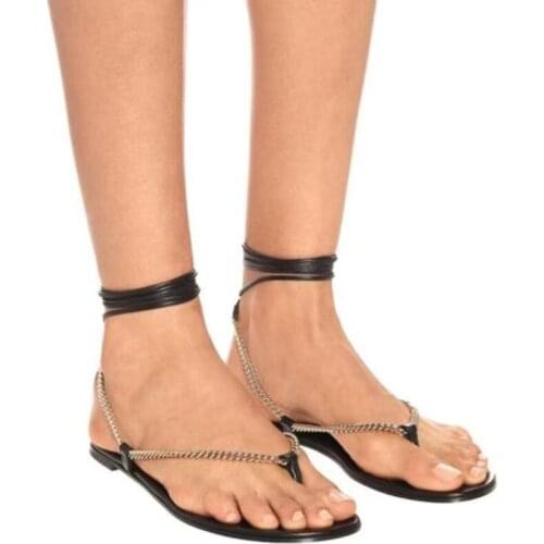 Design Metal Chain Women Sandals Summer Fashion Peep Toe Lace Up Womens Shoes Casual Solid Color Flat Plus Size Sandals