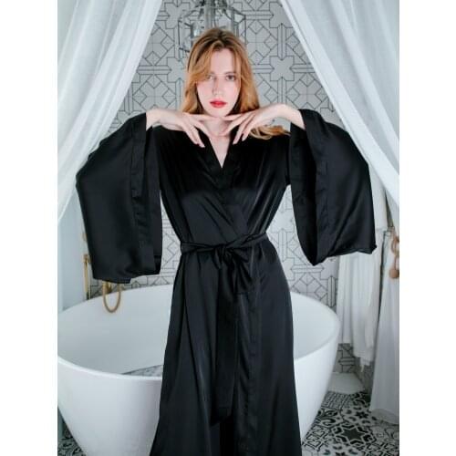 Sexy Pure Black Ladies Bathrobe Bat Sleeves V-Neck Long Beautiful Party Evening Nightwear Sleepwear