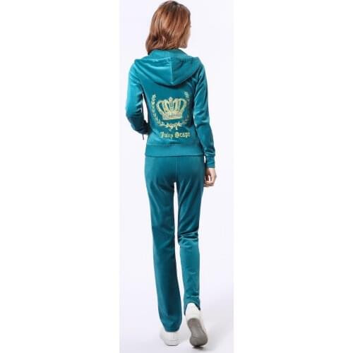 Juicy Grape Velvet Women Sporting Suits Embroidery Printing Casual Female Tracksuits Hooded Collar Slim Sportswear suit black