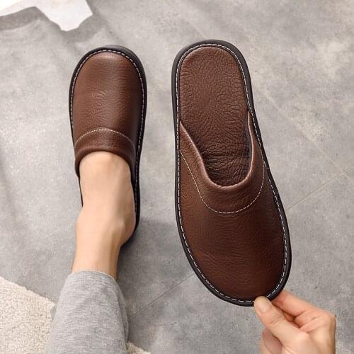 Couples classic leather slippers men bedroom comfort shoes male flat slippers Non-slip rubber man slipper