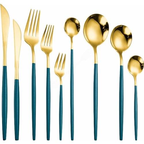 Green Gold Tableware Stainless Steel Dessert Spoon Tea Fork Cutlery Set Kitchen Spoon Knife Fork Dinnerware Set Eco Friendly