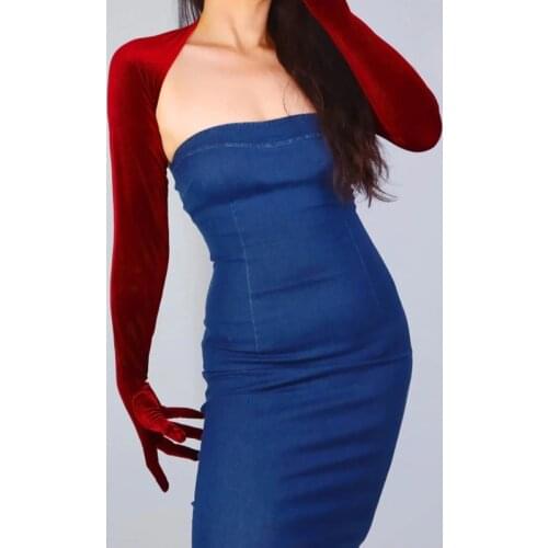 Velvet Womens Conjoined body Gloves Deep Red Wine Top One-Piece Style Crop Shrug Jumper Sun Block UV Women Velour Long Gloves