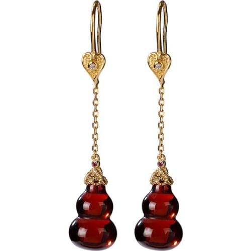 925 sterling silver natural blood amber earrings retro personality love gourd earring pendant for ladies ear hooks