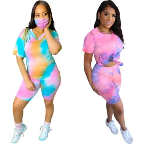 Women tie-dyed Sports Set Fashion Printed V-neck Top High Wasit Tight Shorts Fitness Clothes Suit