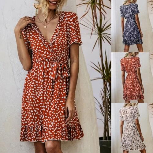 Y2K Women Tie-up Ruffle Lace Dress Adults Elegant Summer Spot Print V-neck Short Sleeve Lettuce Trim Short Dress 2021