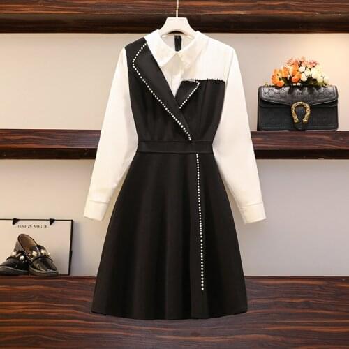 Plus size women Spring autumn elegant vintage mini dress women long sleeve patchwork french vintage A-line black dresses