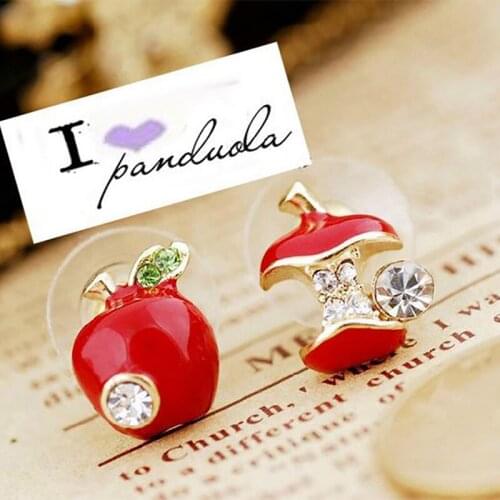 10 pairs/lot Gold Color Red Green Asymmetric Apple Earrings For Women Enamel Crystal Stud Earring Fashion Rhinestone Jewelry