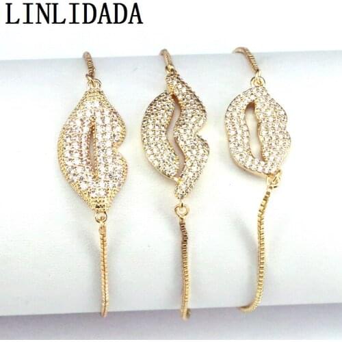 10PCS, Gold color CZ Lips connctors Bracelet cz women Bracelet chain party Popular jewelry