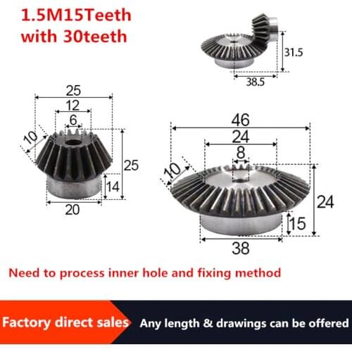 2pcs 1:2 Bevel Gear 1.5 Modulus 15 Teeth + 30teeth Inner Hole 8mm 90 Degree Drive Commutation Steel Gears Steel Gears Screw M5