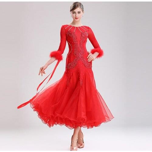 2019 Women Ballroom Dance Dress Rhinestone Feather Long Sleeve Performance Stage Modern Jazz Waltz Tango Vestido Menina DWY2179