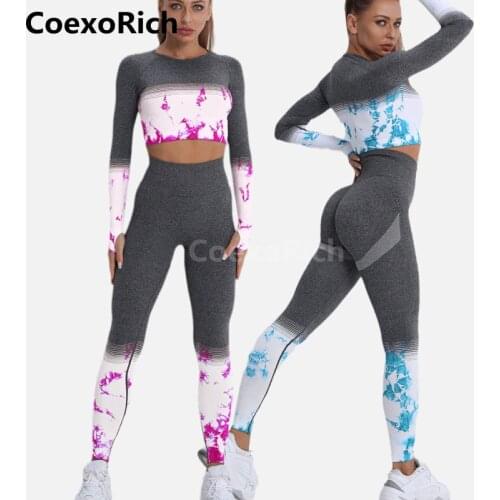 2021 Gym Wear Women Workout Clothes Yoga Suit Tie Dyed Seamless Yoga Shirt Long Sleeve Crop Top High Waist Fitness Yoga Pants