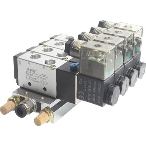 4V210-08 DC24V 12V Solenoid Valve 2 Positions 5 Way Aluminum Base Fitting Mufflers Set 3 4 5 6 Stations AC220V AC110V