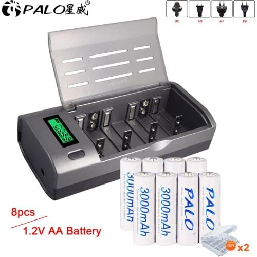 Palo 8pcs AA 1.2V rechargeable battery AA batteries 3000mah+LCD smart quick battery charger for 1.2V AA AAA SC C D battery