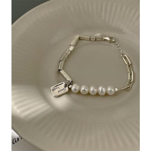 925 Sterling Silver Lucky Letter Brand Pearl Square Bracelet For Women Retro Simple Light luxury Jewelry Women Gift