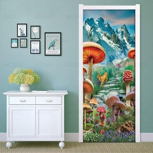 Mountain Mushroom Elk Scenery Corridor Door Background Decorative PVC Wall Sticker For Kids Room Bedroom Home Decor Door Sticker