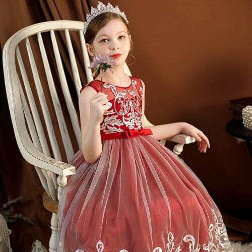 Kids Sleeveless Vintage Embroidered Princess Dress For Girls Floral Birthday Party Wedding Dresses Long Dress Children Clothing