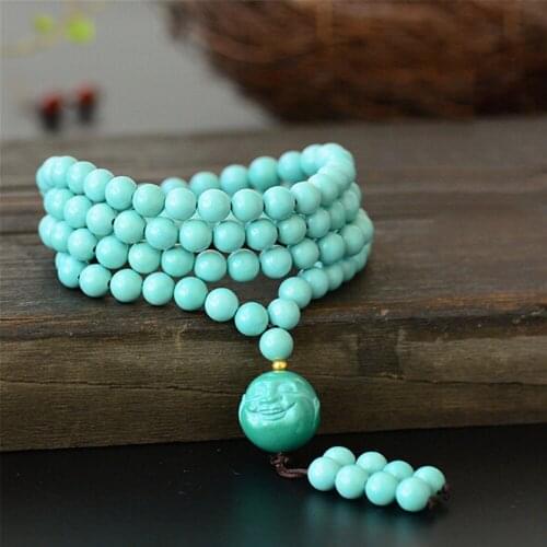 Beautiful 7mm Natural Raw Mine Blue Turquois Beads Bracelet 108 Mala Buddha Head Pendant Necklace Men or Women Jewelry Dropship