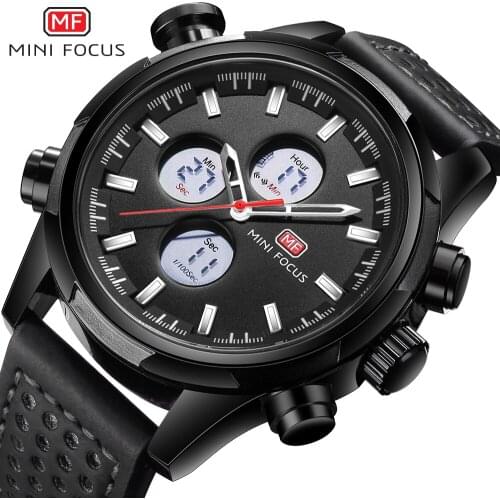 MINI FOCUS Luxury Brand Watch Men Sports Watches Analog Digital Dual Display Leather Mens Watches Army Military Watch Man Clock
