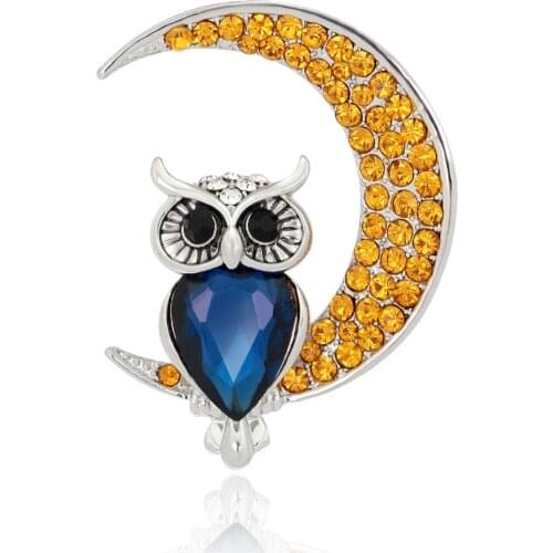 Fashion Jewelry Silver Plated Full Crystal Diamante Moon Owl Brooches Pin For women Clothing Brooch jewelry good Gift AG017