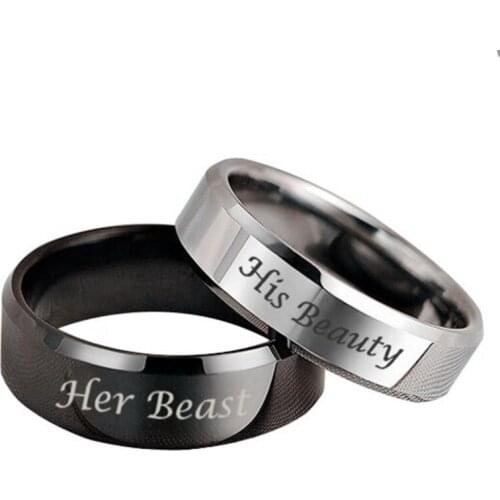 MOREDEAR 6mm IP Black plated color 316L stainless steel HIS BEAUTY and HER BEAST couple rings for lovers