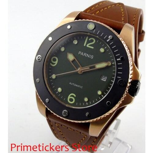 Golden plated case 43mm PARNIS green dial sapphire glass ceramic bezel automatic mens watch date
