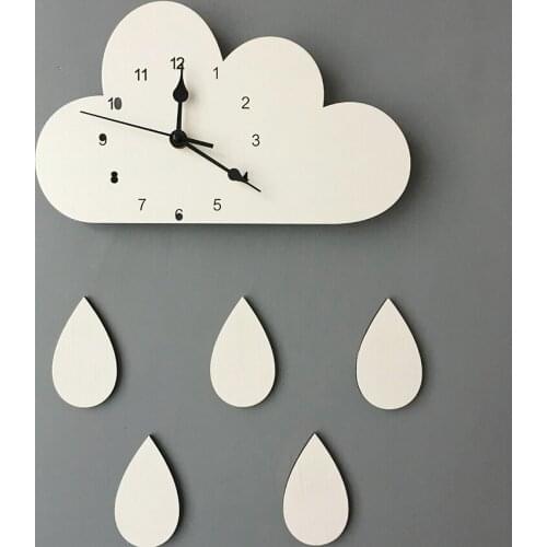 Cloud Shape Wall Clock with Water Drop, Wood Hanging Clock Kids Bedroom Wall Clock, Home Decortive Silent Baby Room Wall Clock