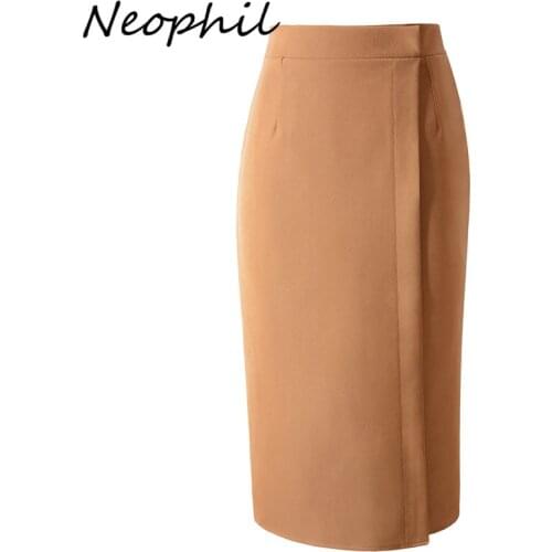 Neophil 2021 Autumn Formal Office Ladies Front Split Midi Skirts High Waist Womens Black Elegant Solid Skirt Femme Jupe S21705