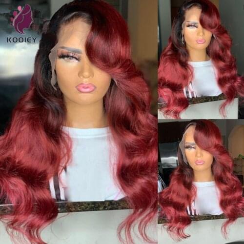 13x4 Lace Frontal Wig Ombre 99J Pre-Plucked Transparent Lace Peruvian Body Wave Human Hair Wigs Burgundy Red Color 180% Density