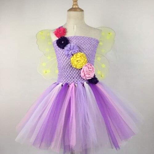 Girls Purple Fairy Flower Tutu Dress Baby Fluffy Tulle Dress with Butterfly Wing Set Kids Party Tutus Cosplay Costume Dresses