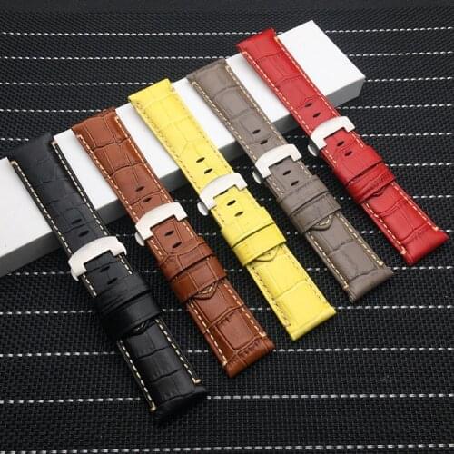 Top quality 24mm Real Imported Genuine bamboo Leather Watchband watch band with Butterfly Buckle For Panerai strap tools