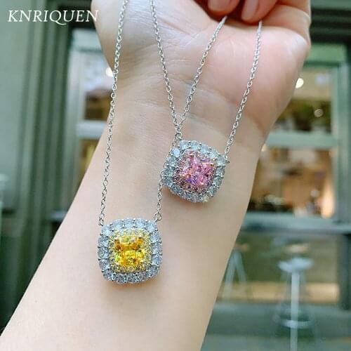 Luxury Vintage 925 Sterling Silver 8*8mm Pink Quartz Topaz Lab Diamonds Pendant Necklace for Women Wedding Party Fine Jewelry