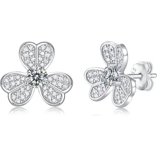 Aesthetic 3 Leafs Full Diamond Moissanite Earrings Piercing Ear 925 Sterling Silver Stud Earrings For Women Wedding Engagement