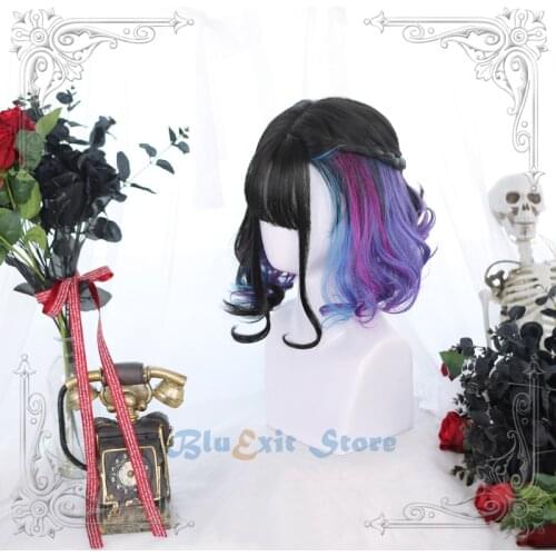 Mixed Black Pink Purple Blue Lolita Wig Harajuku Fairy Cosplay Bangs Curly Short Sweet Fringe Synthetic Hair for Adult Girls