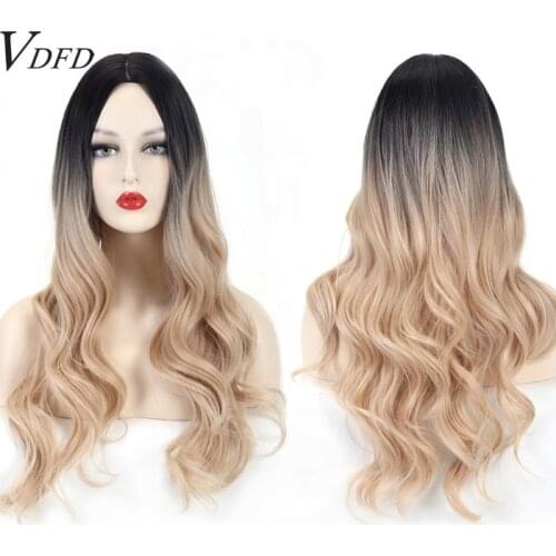 VDFD Black Ombre Light Blonde Platinum Wig Synthetic Long Curly Natural Hair for Women Daily Use Middle Part