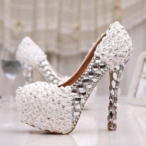 Spring white rose flower rhinestone stiletto high heel bridal wedding shoes large size banquet dress custom womens shoes