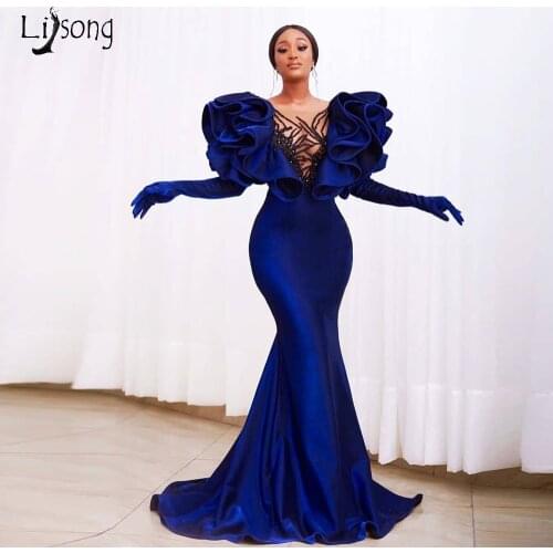 Vintage Royal Blue Velour Mermaid Prom Dresses Full Sleeves Ruffles Beaded See Thru Long Prom Gowns Formal Party Dress