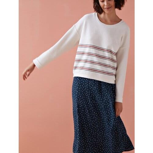 Spring Summer Women Casual Sweatshirt Long Sleeve Red White / Blue Striped Sweatshirt